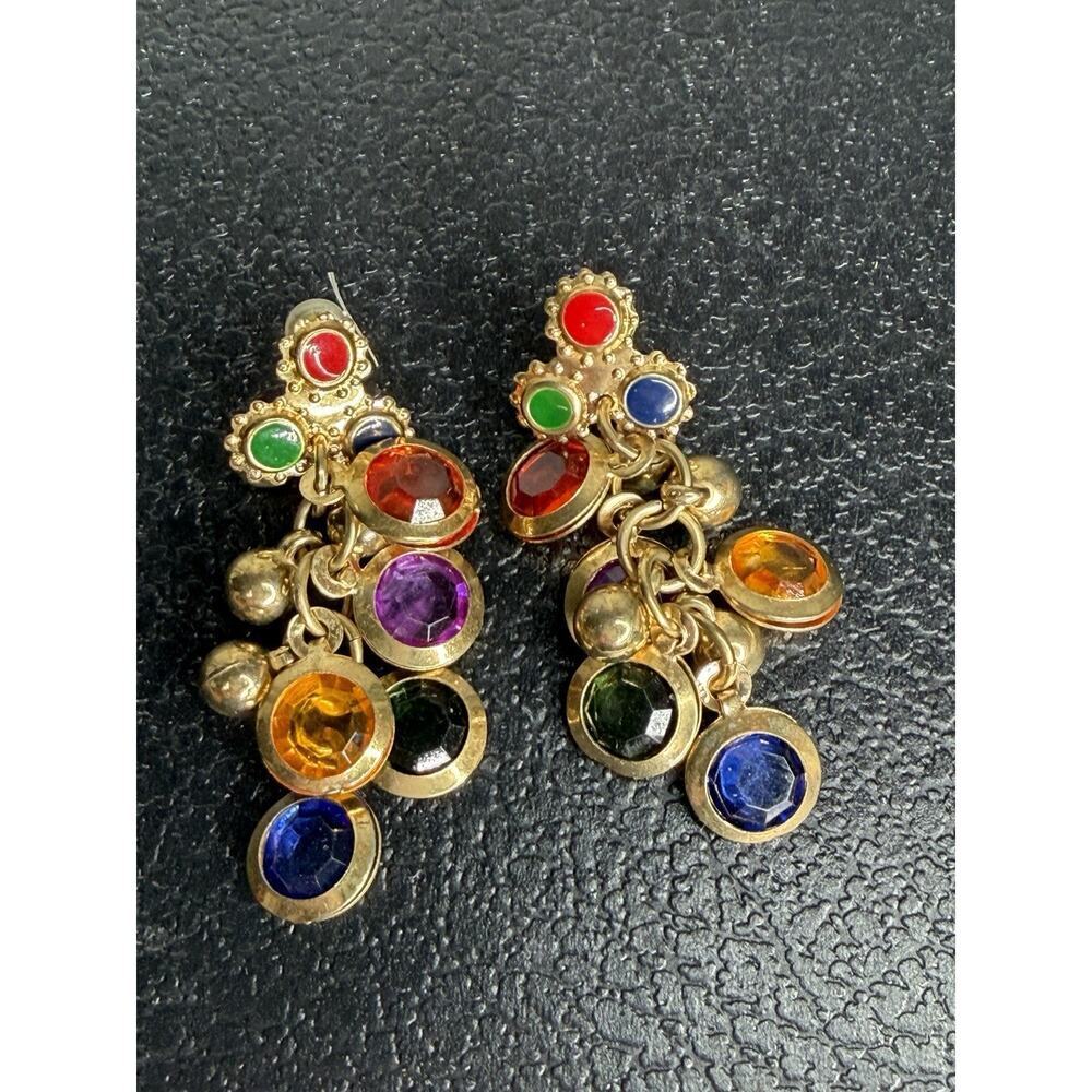 VTG Colorful Disc Bead Dangle Earrings Rainbow Gold Glam Party